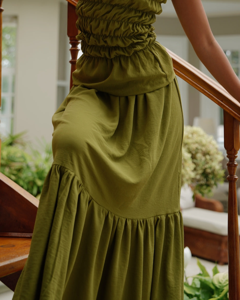 Olive Crinkle Single Tiered Skirt