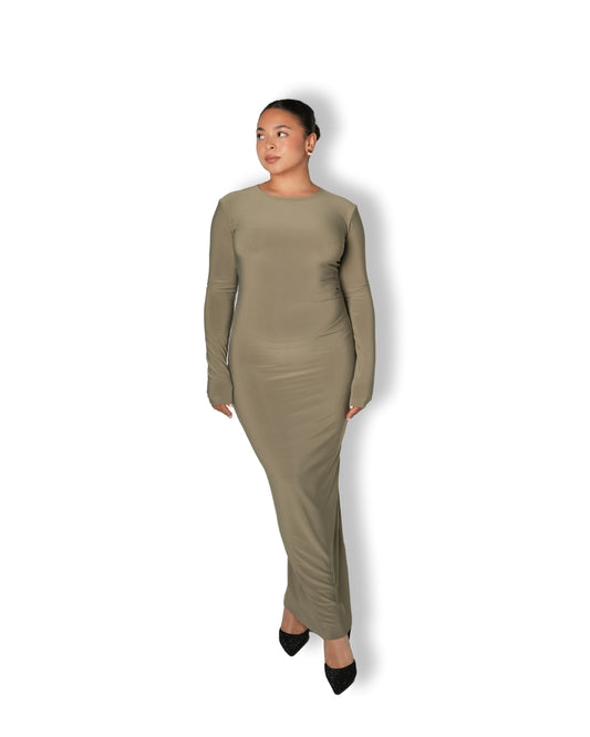 Sage Crew-Neck Sculpted Dress with Long Sleeves