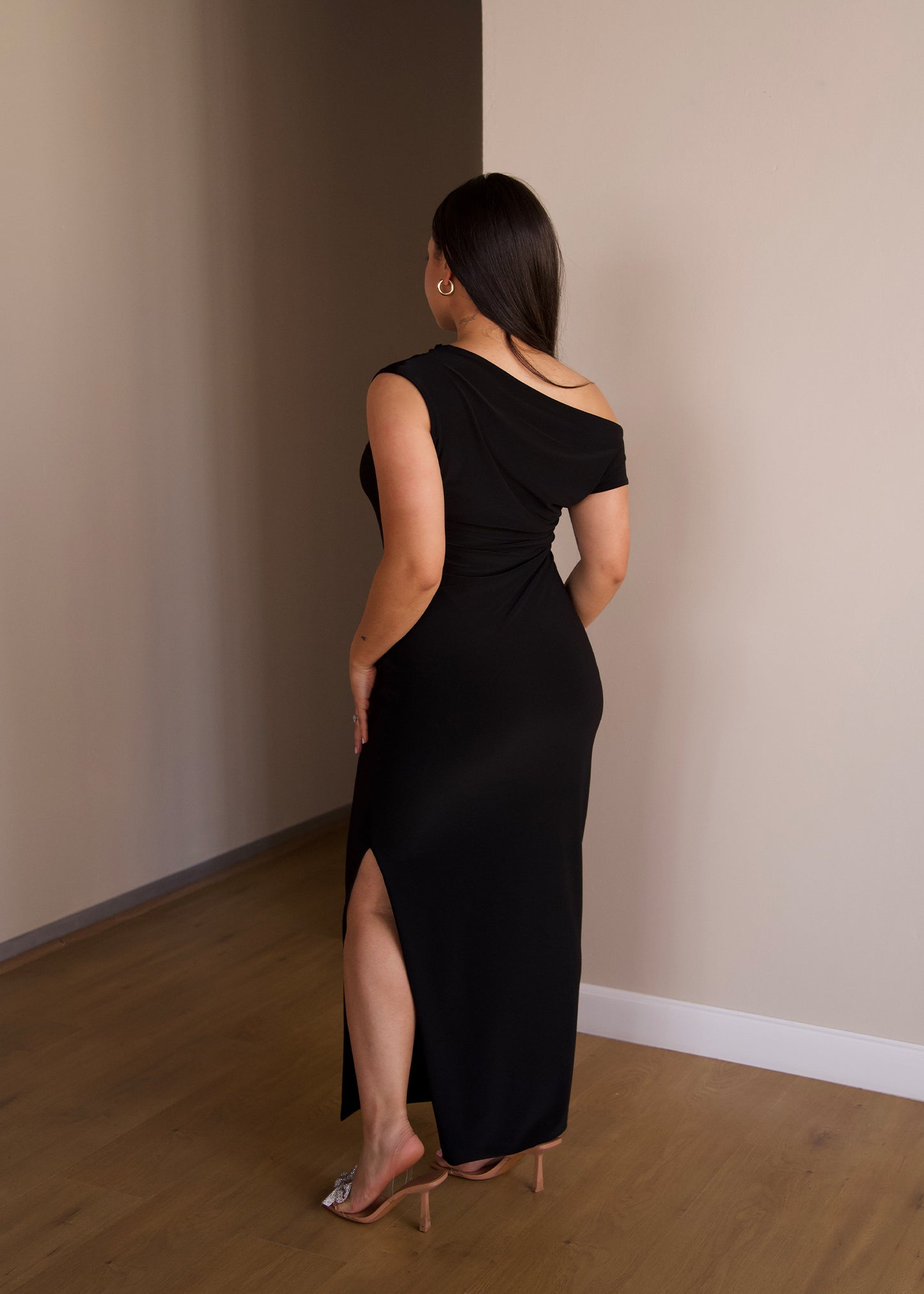 Black Cowl-Neck Dress with Slit