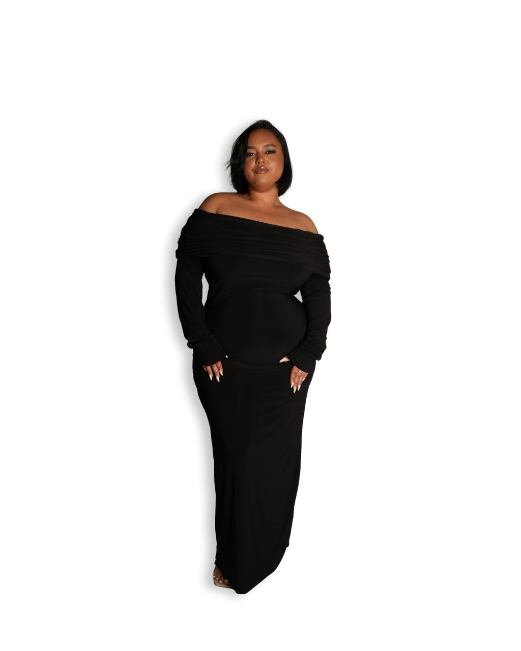 Black Bardot Sculpted Dress with Long Sleeves