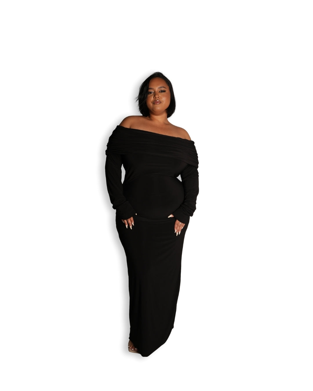 Black Bardot Sculpted Dress with Long Sleeves