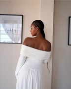 Cream Long Sleeved Off-Shoulder Drop Waist Dress