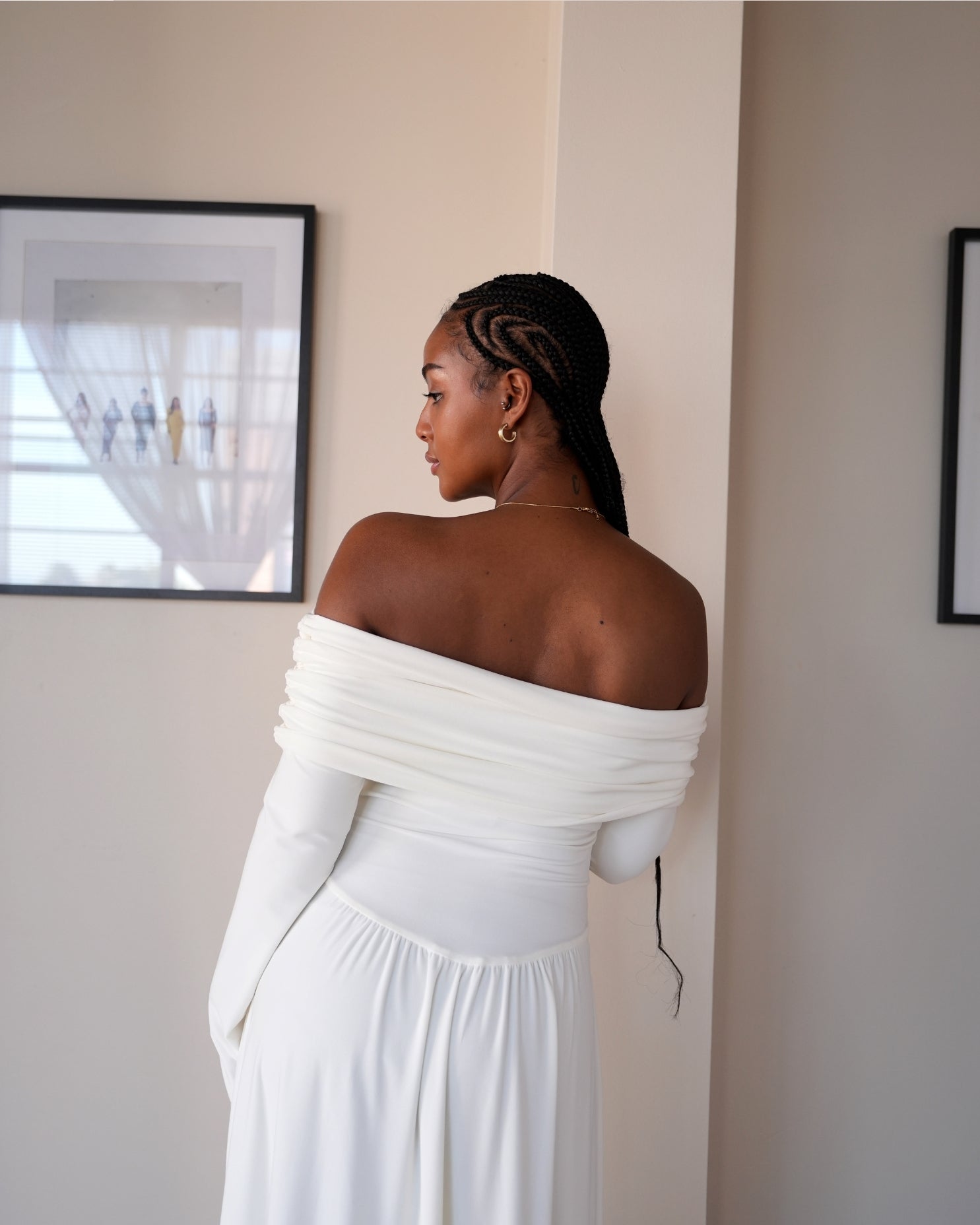 Cream Long Sleeved Off-Shoulder Drop Waist Dress