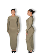 Sage Crew-Neck Sculpted Dress with Long Sleeves