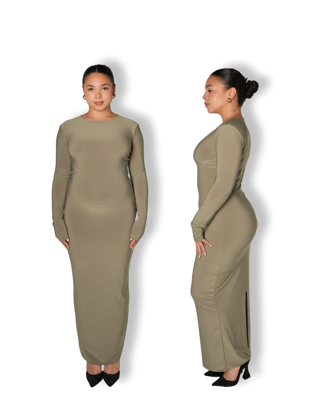Sage Crew-Neck Sculpted Dress with Long Sleeves