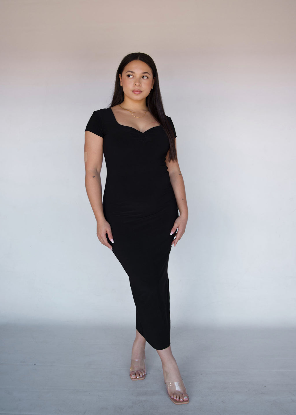 Black Short Sleeved Sweet-heart Dress