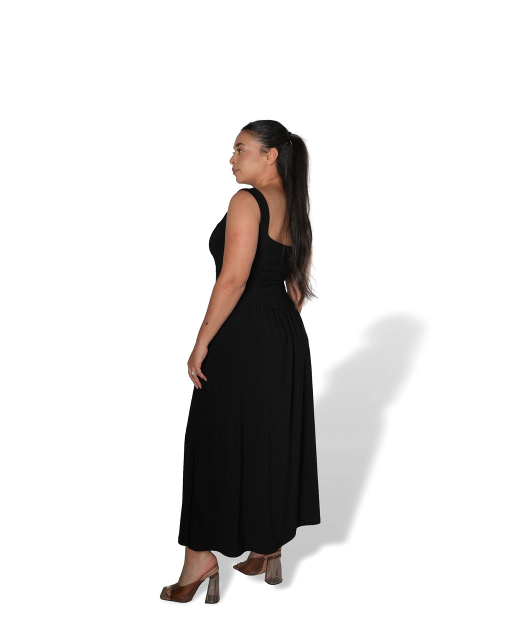 Black Tank-Style Drop Waist Midi Dress