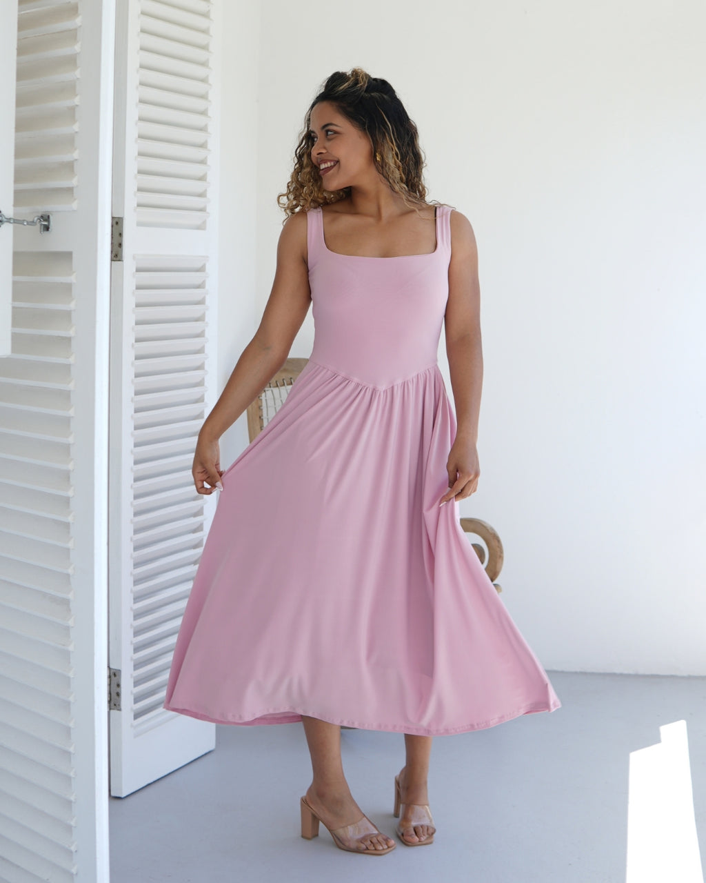 Baby Pink Tank-Style Drop Waist Midi Dress