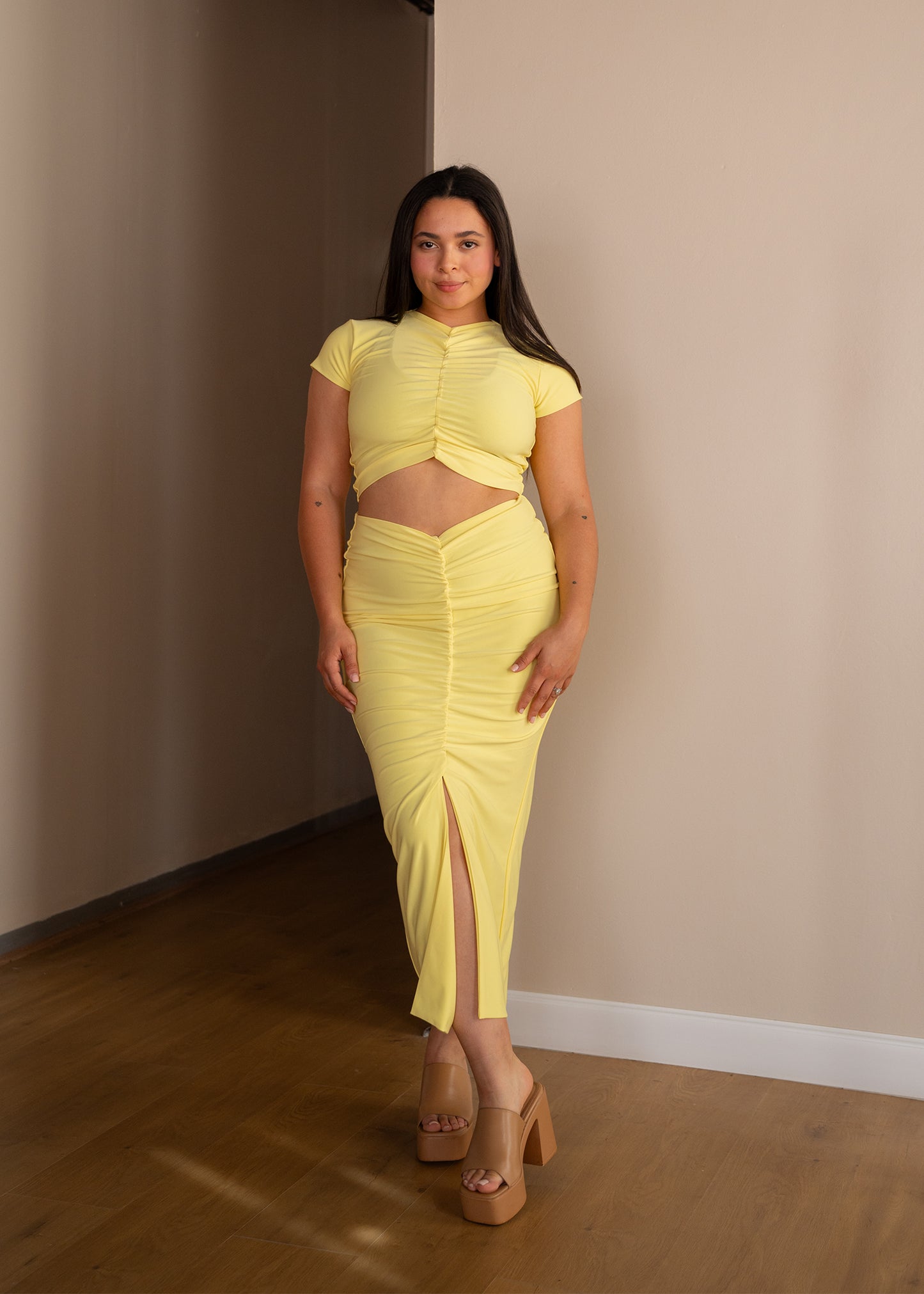 Pastel Yellow High-Neck with Ruched Detail