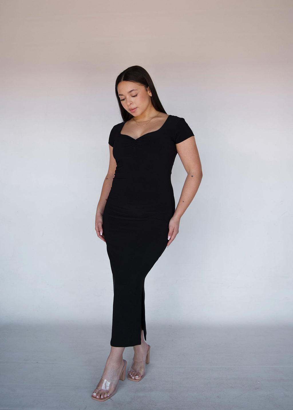 Black Short Sleeved Sweet-heart Dress