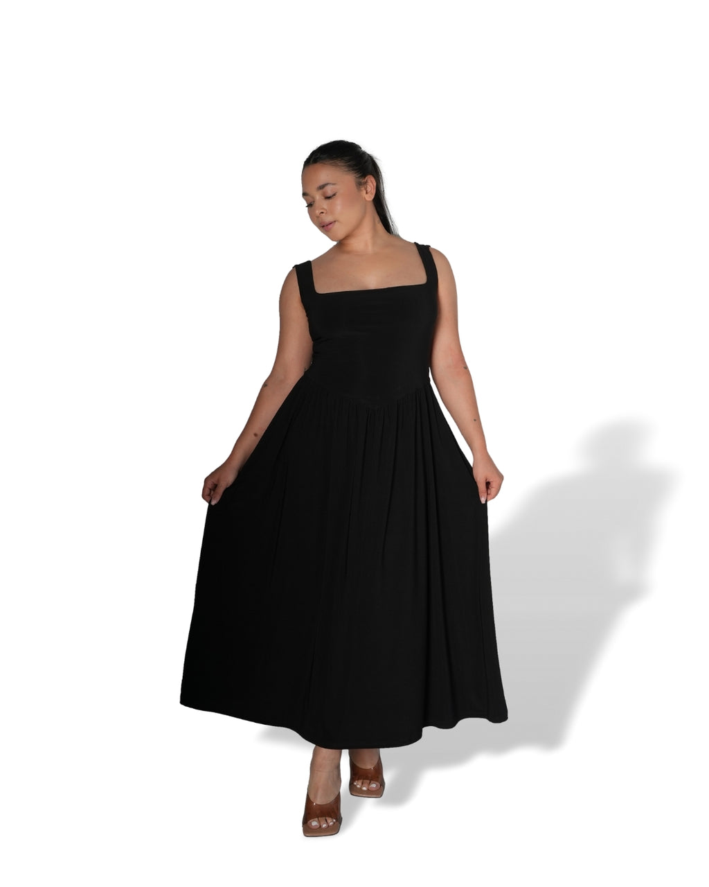 Black Tank-Style Drop Waist Midi Dress