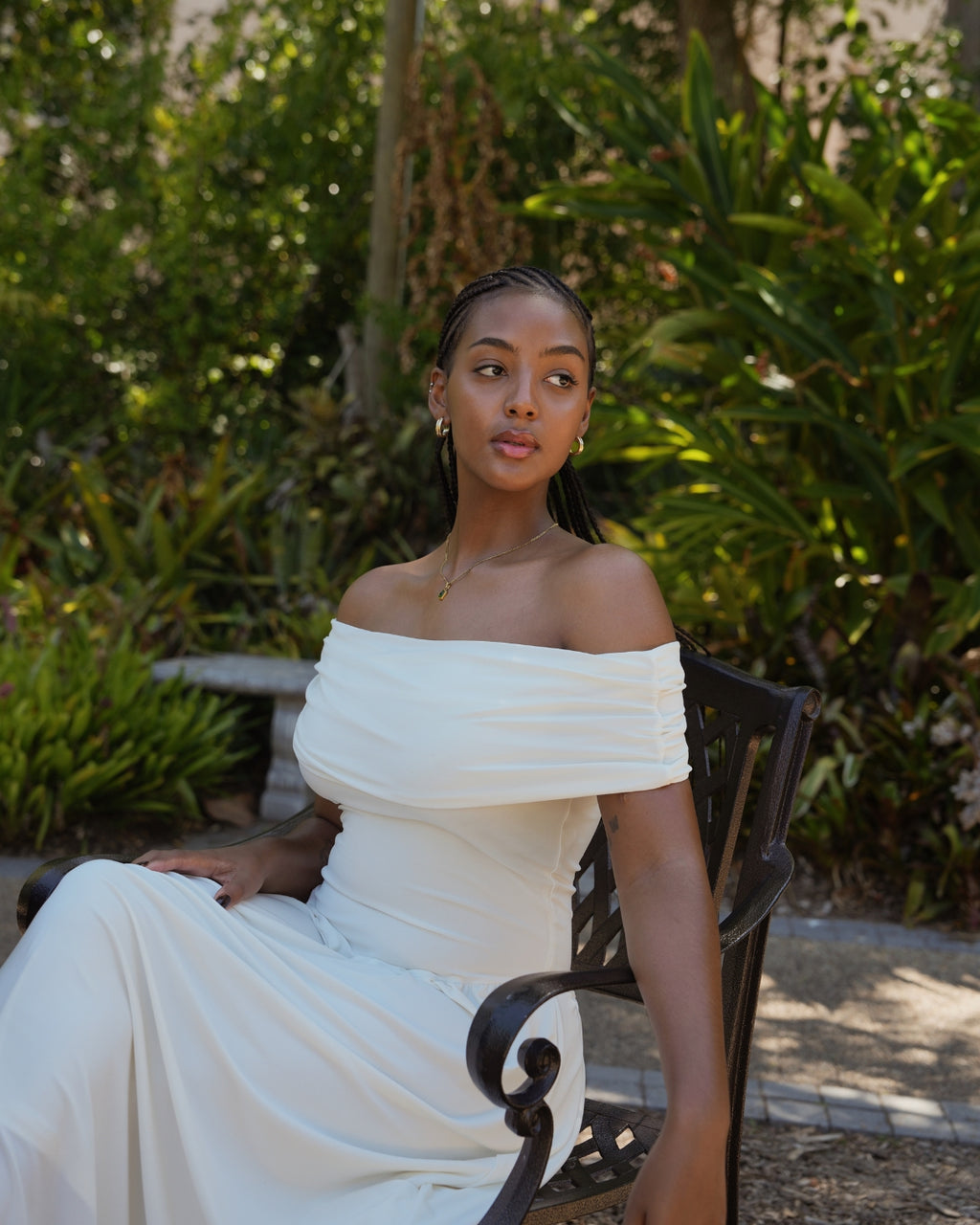 L | Cream Off-Shoulder Drop Waist Dress