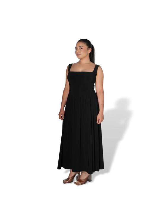 Black Tank-Style Drop Waist Midi Dress