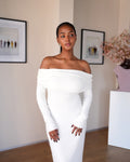 L | Extra Length | Cream Bardot Sculpted Dress with Long Sleeves