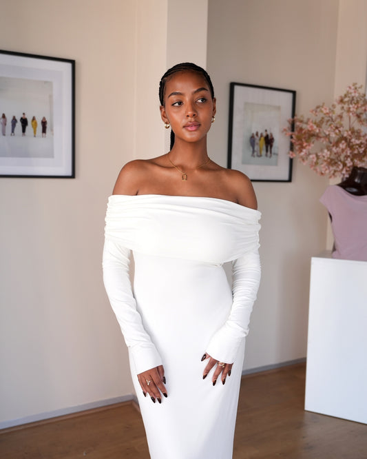 L | Cream Bardot Sculpted Dress with Long Sleeves