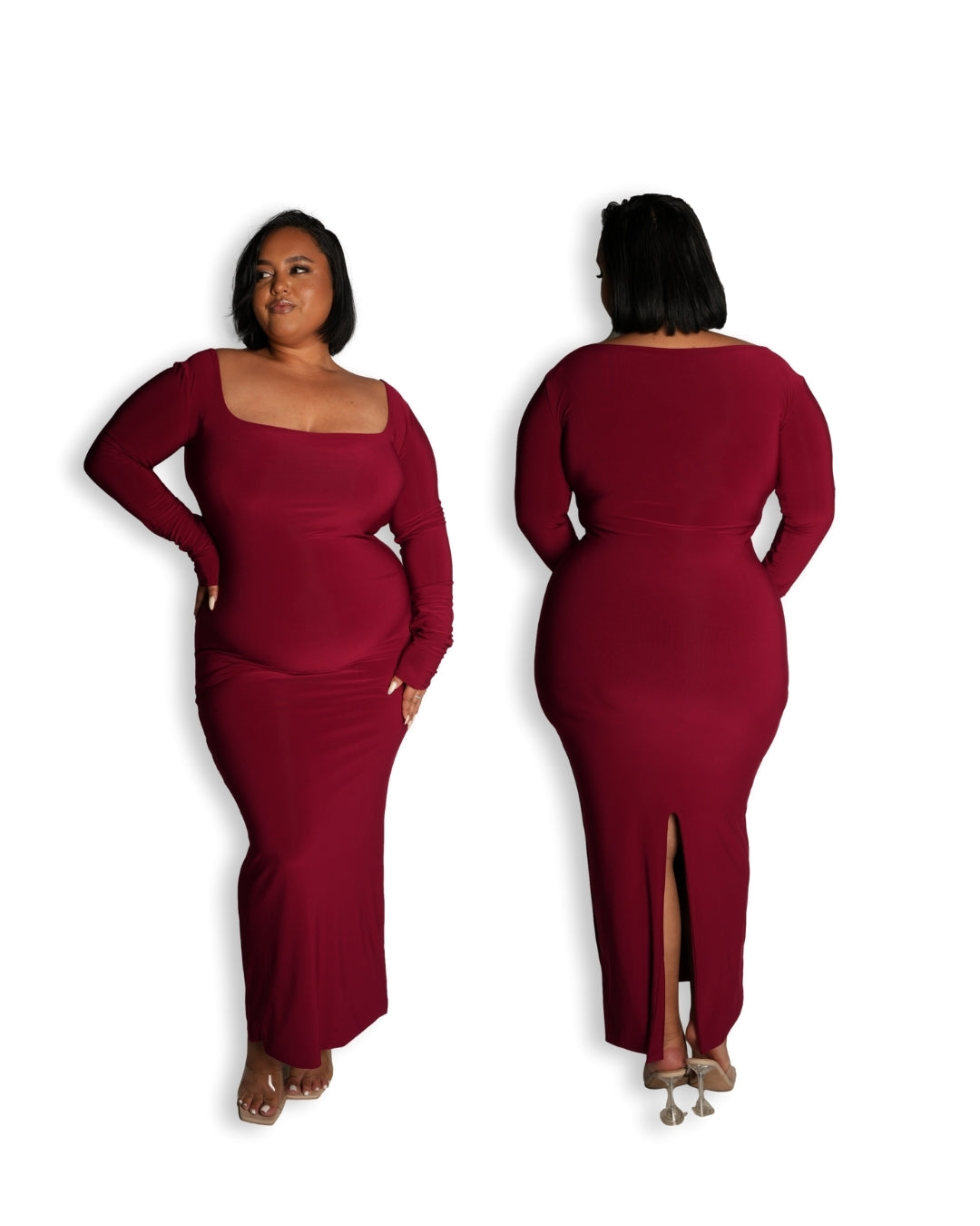 Maroon Long-sleeved Sculpted Dress