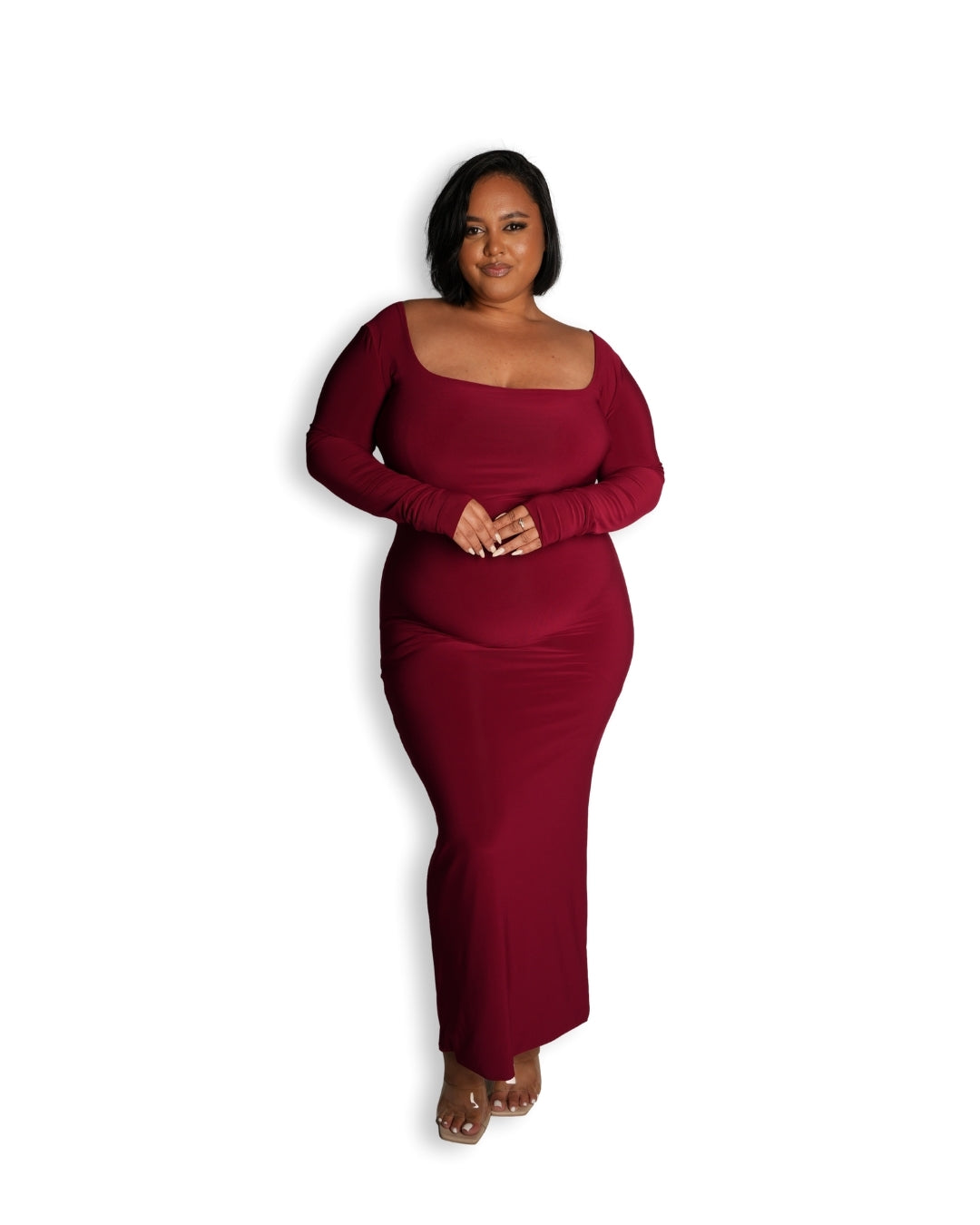 Maroon Long-sleeved Sculpted Dress