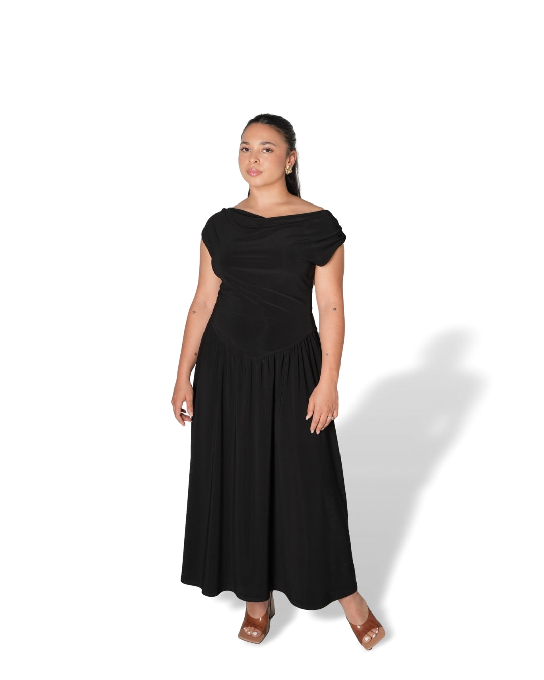 Black Cowl Neck Drop Waist Midi Dress