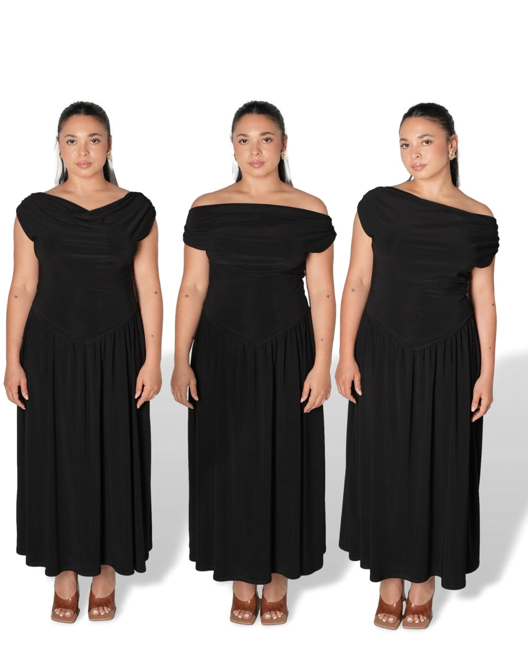 Black Cowl Neck Drop Waist Midi Dress