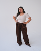 Chocolate Brown Satin Straight Leg Trousers