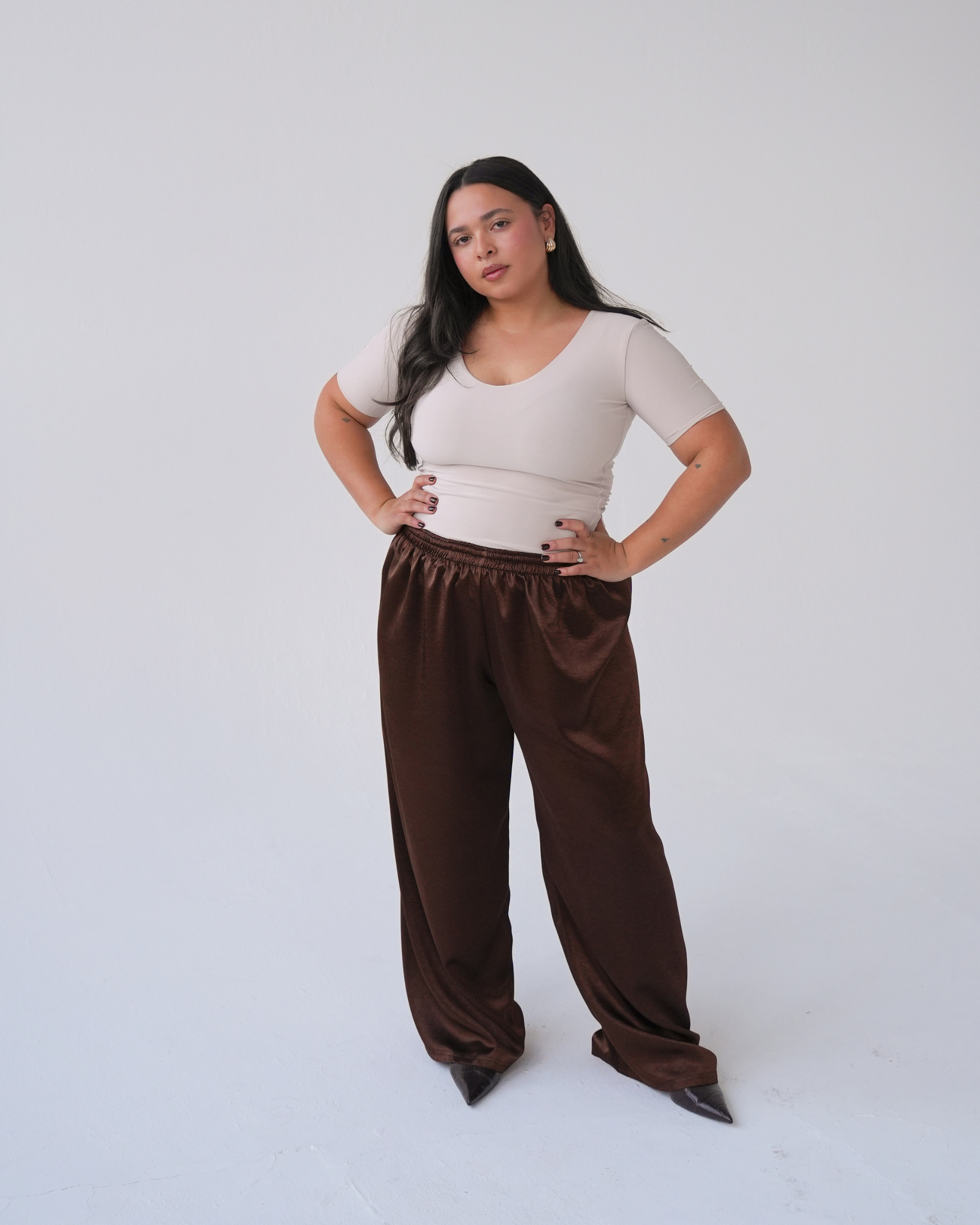 Chocolate Brown Satin Straight Leg Trousers