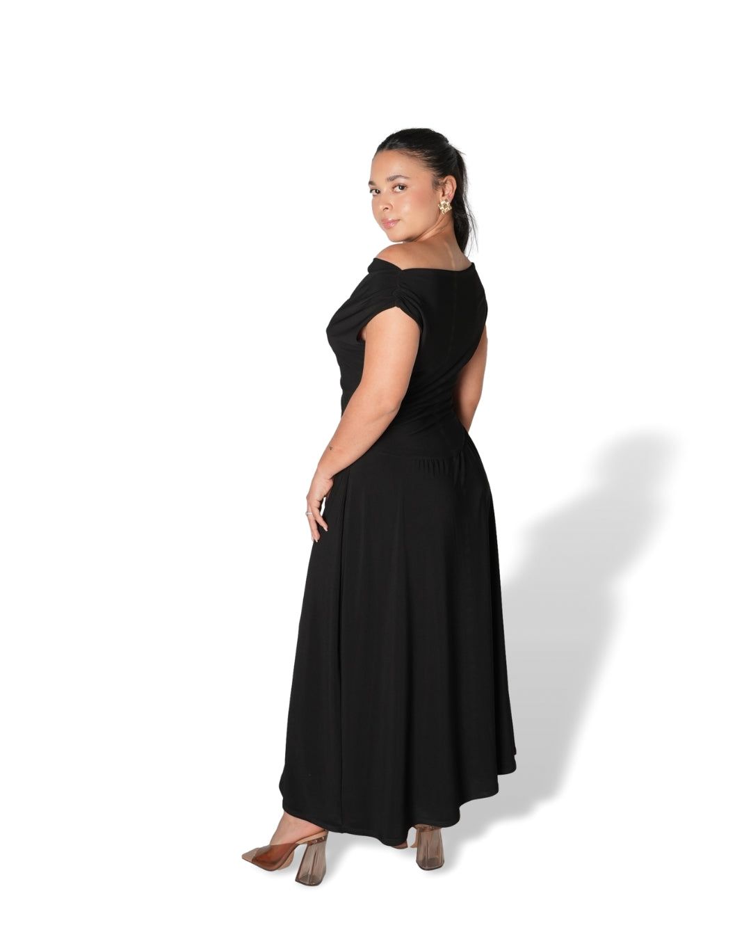 Black Cowl Neck Drop Waist Midi Dress
