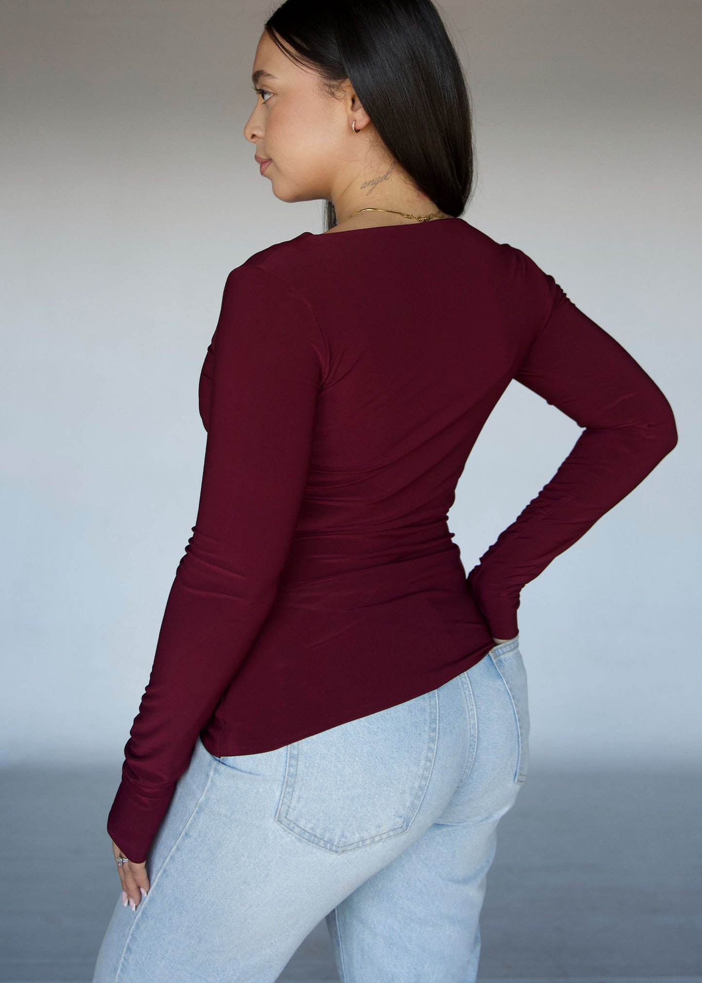 Maroon Square Neck Long Sleeved Top