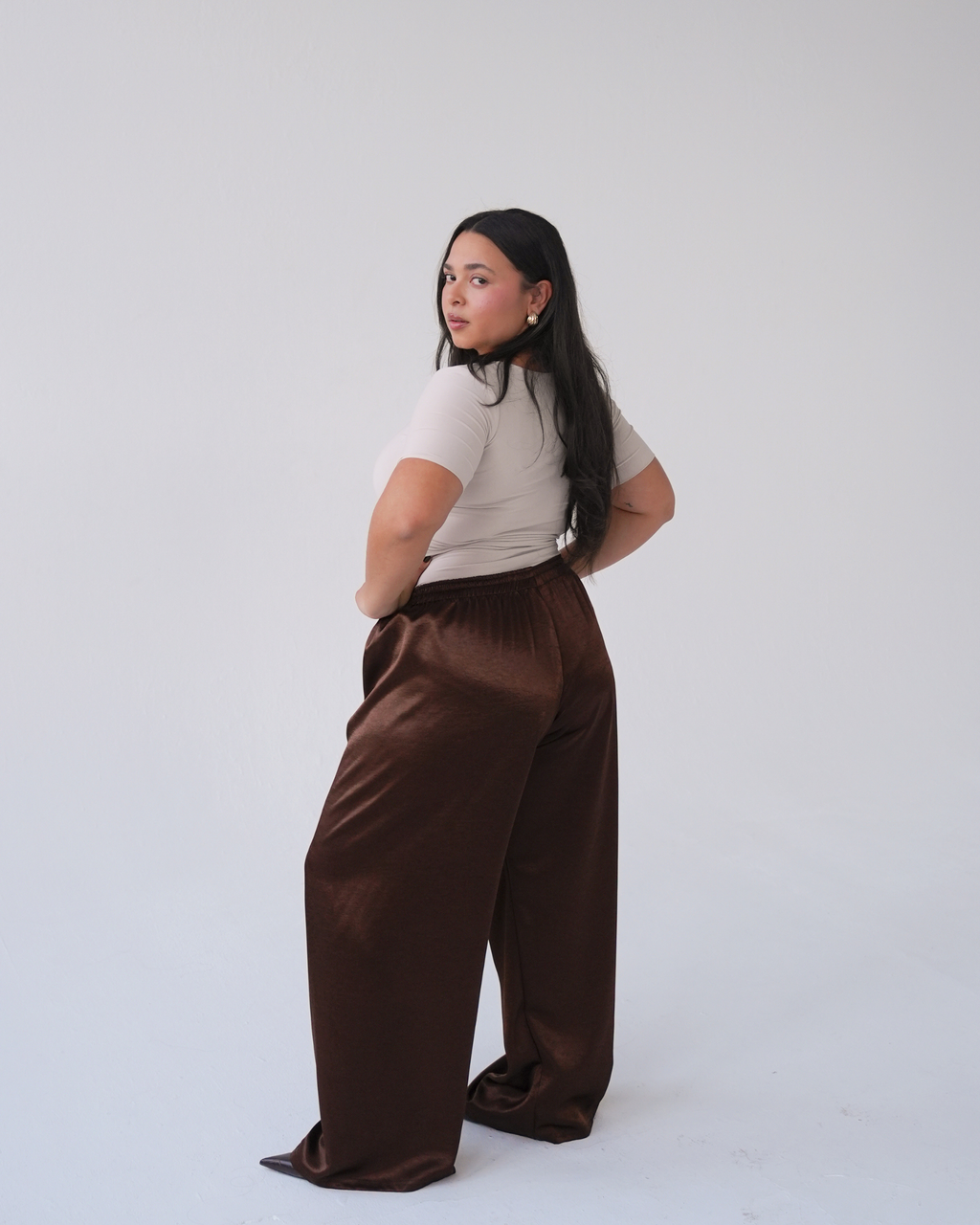 Chocolate Brown Satin Straight Leg Trousers