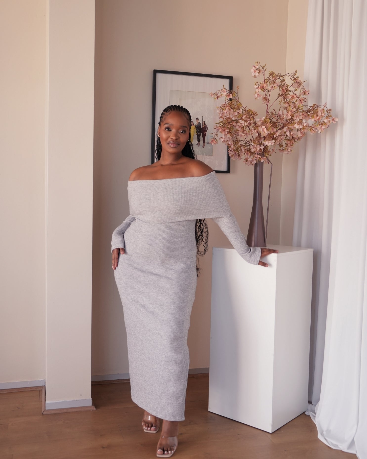 Grey Knit Off-Shoulder Dress