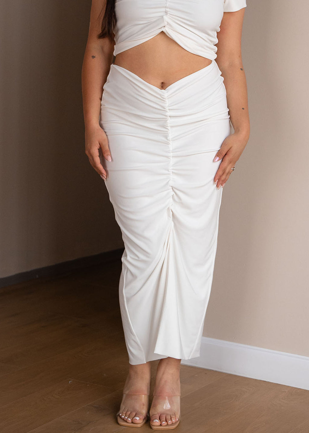 Cream Slit Skirt with Ruched Detail