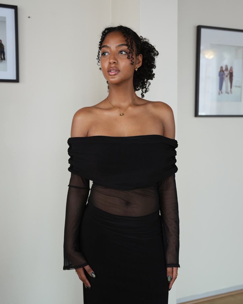 Black Mesh Off-Shoulder Dress with Long Sleeves
