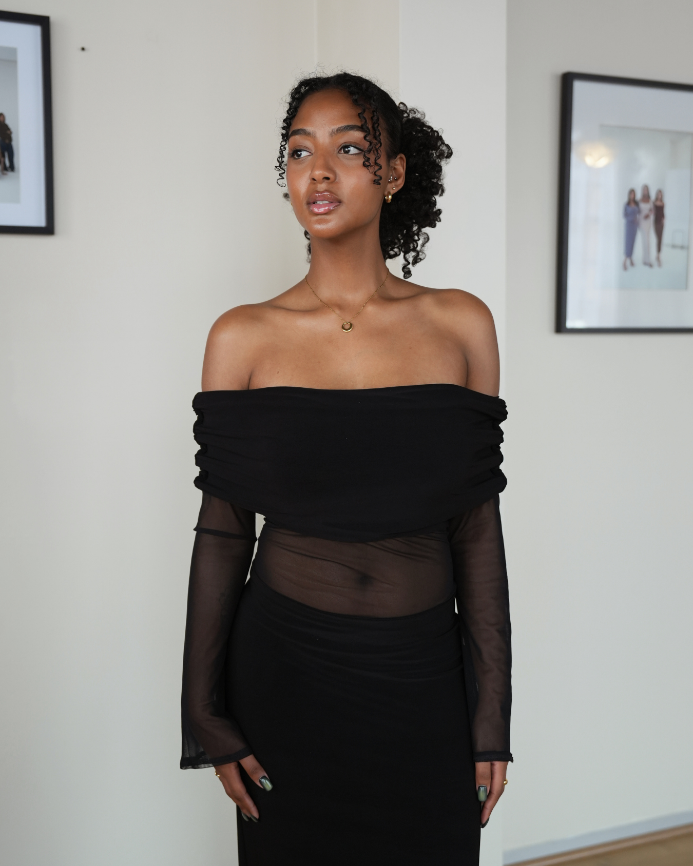Black Mesh Off-Shoulder Dress with Long Sleeves