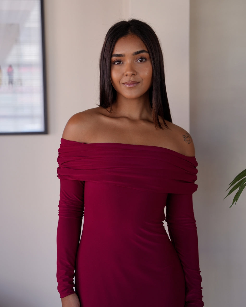Maroon Bardot Sculpted Dress with Long Sleeves