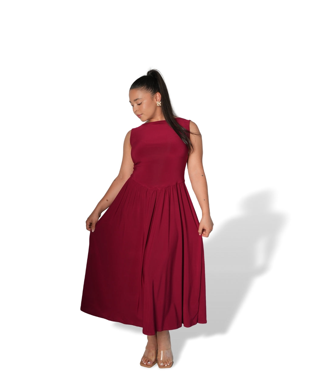 Maroon Boat Neck Drop Waist Midi Dress