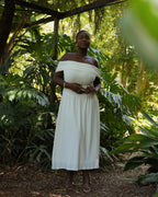 L | Cream Off-Shoulder Drop Waist Dress