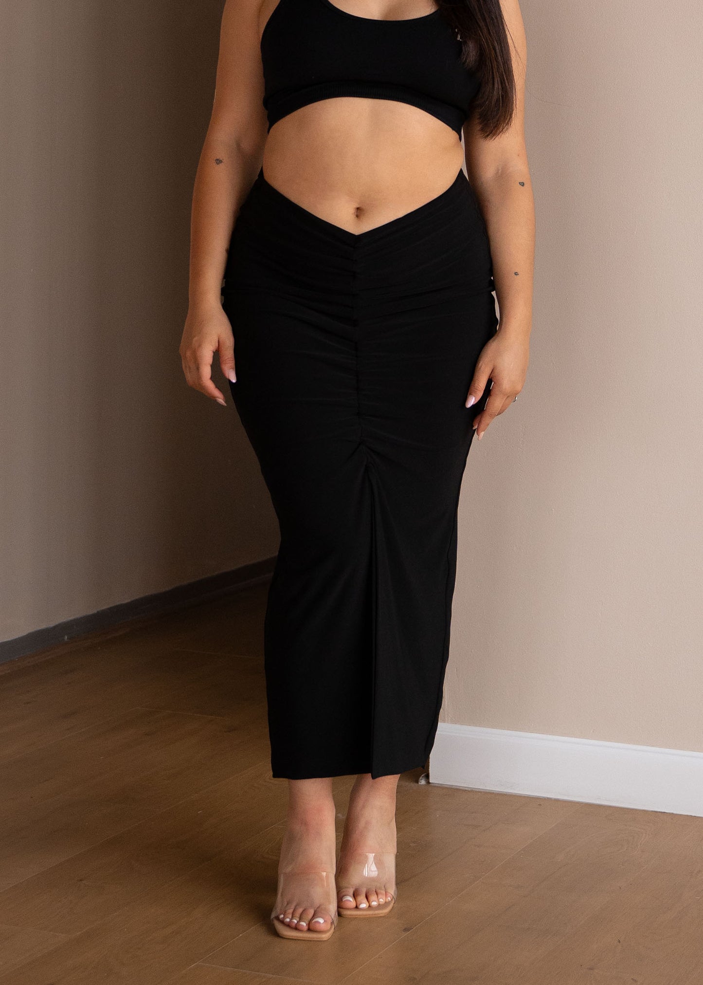Black Slit Skirt with Ruched Detail