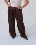 Chocolate Brown Satin Straight Leg Trousers