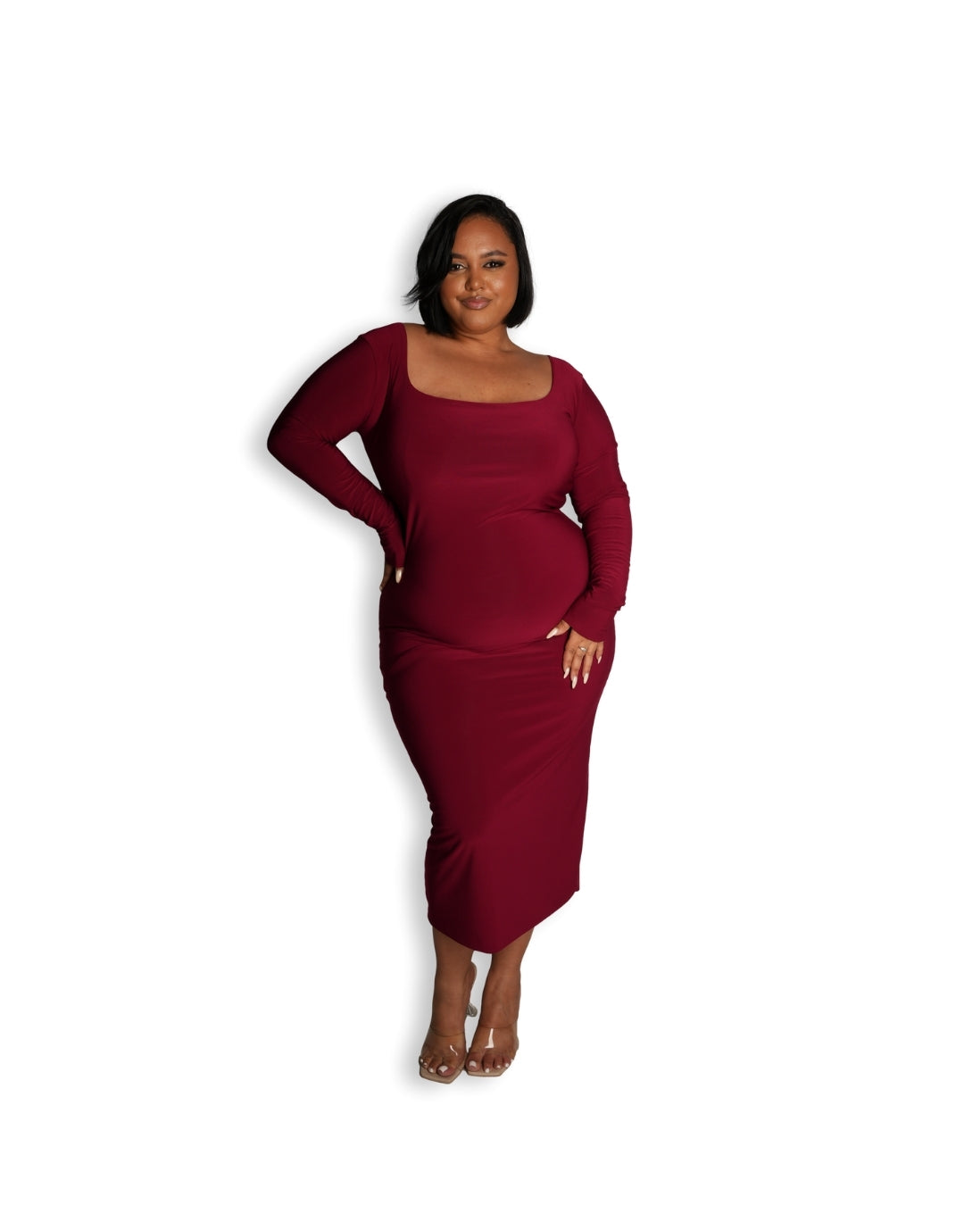 Maroon Long-sleeved Sculpted Dress