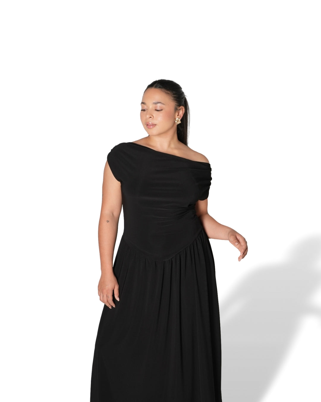 Black Cowl Neck Drop Waist Midi Dress