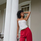 Red Crinkle Straight Leg Resort Pants