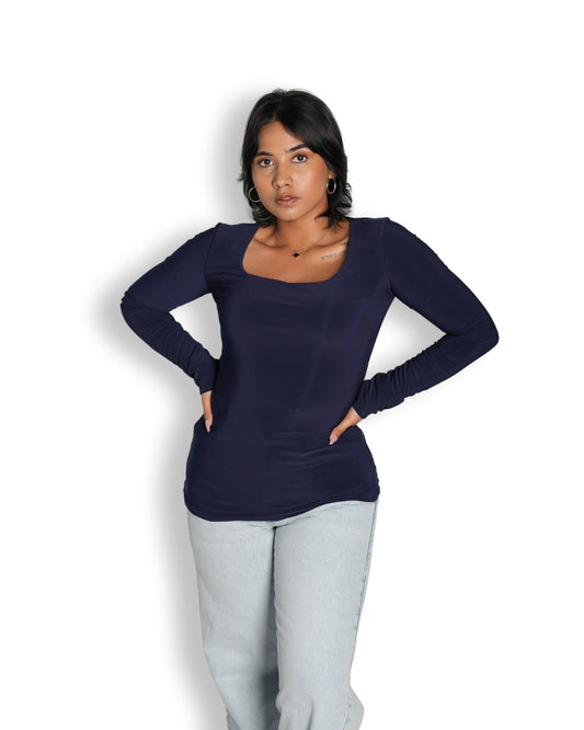 Navy Blue Square Neck Long Sleeved Top