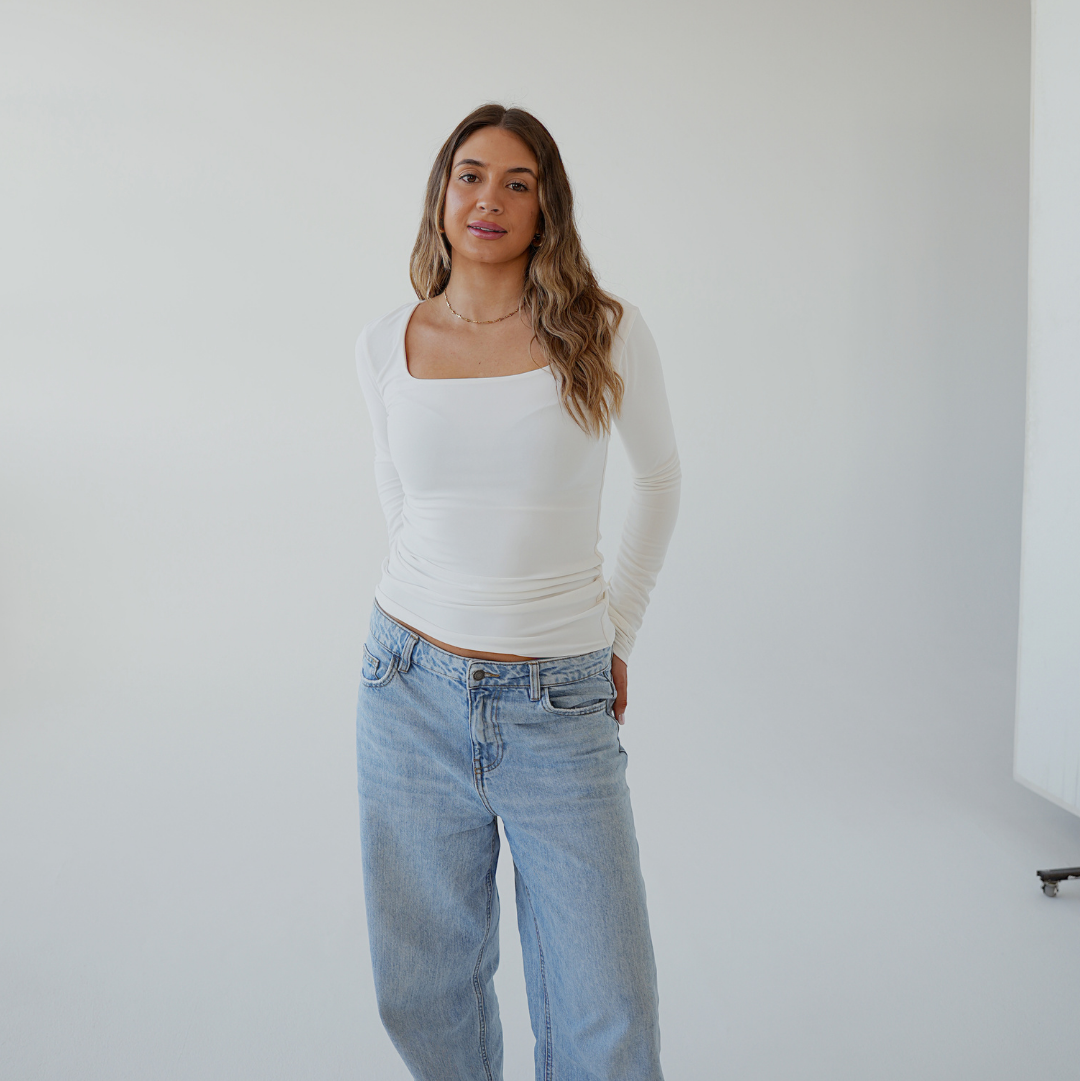 Cream Square Neck Long Sleeved Top