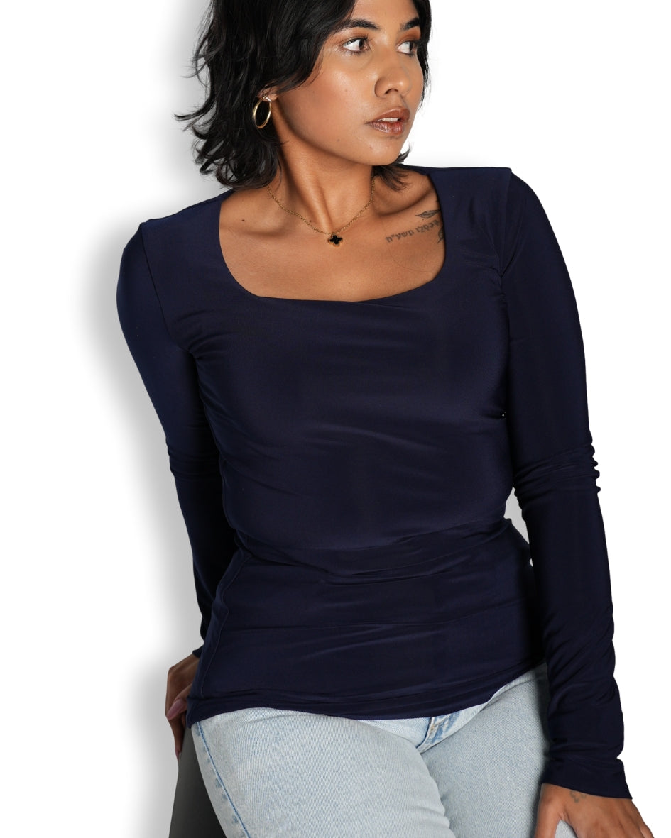 Navy Blue Square Neck Long Sleeved Top