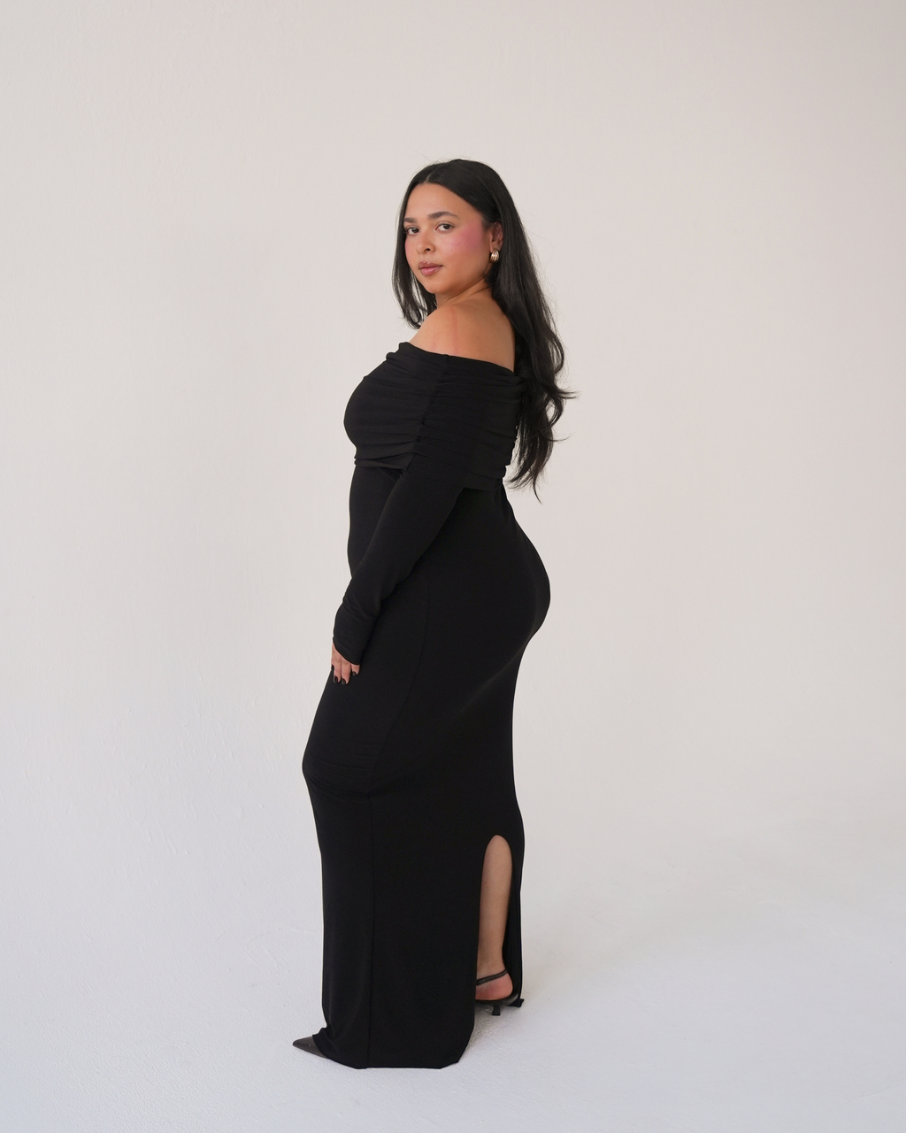 Black Bardot Sculpted Dress with Long Sleeves