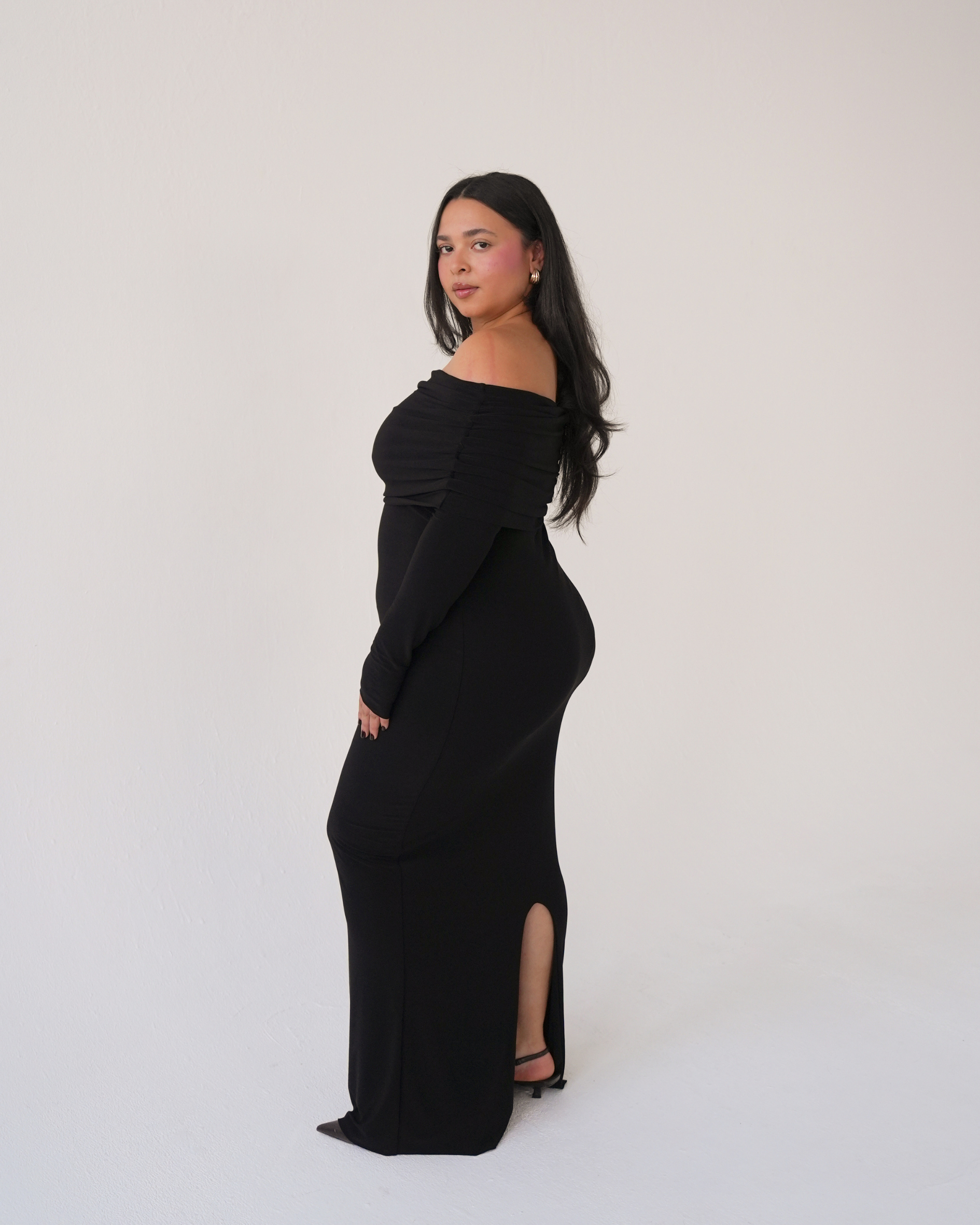 Black Bardot Sculpted Dress with Long Sleeves