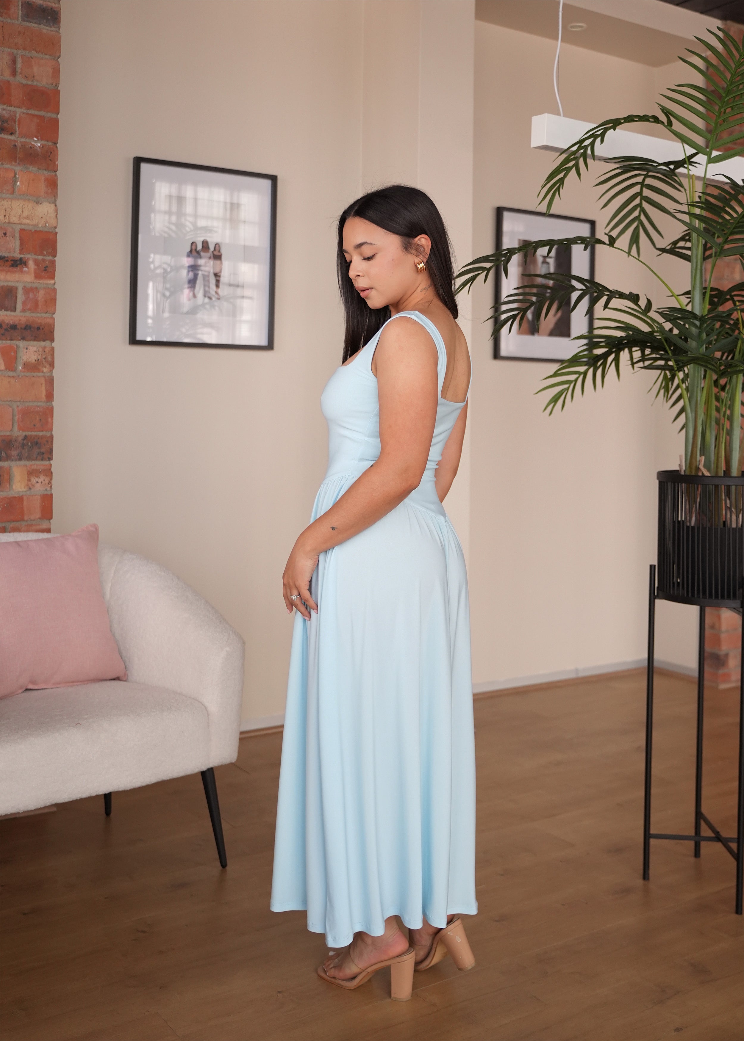 Baby Blue Tank-Style Drop Waist Midi Dress