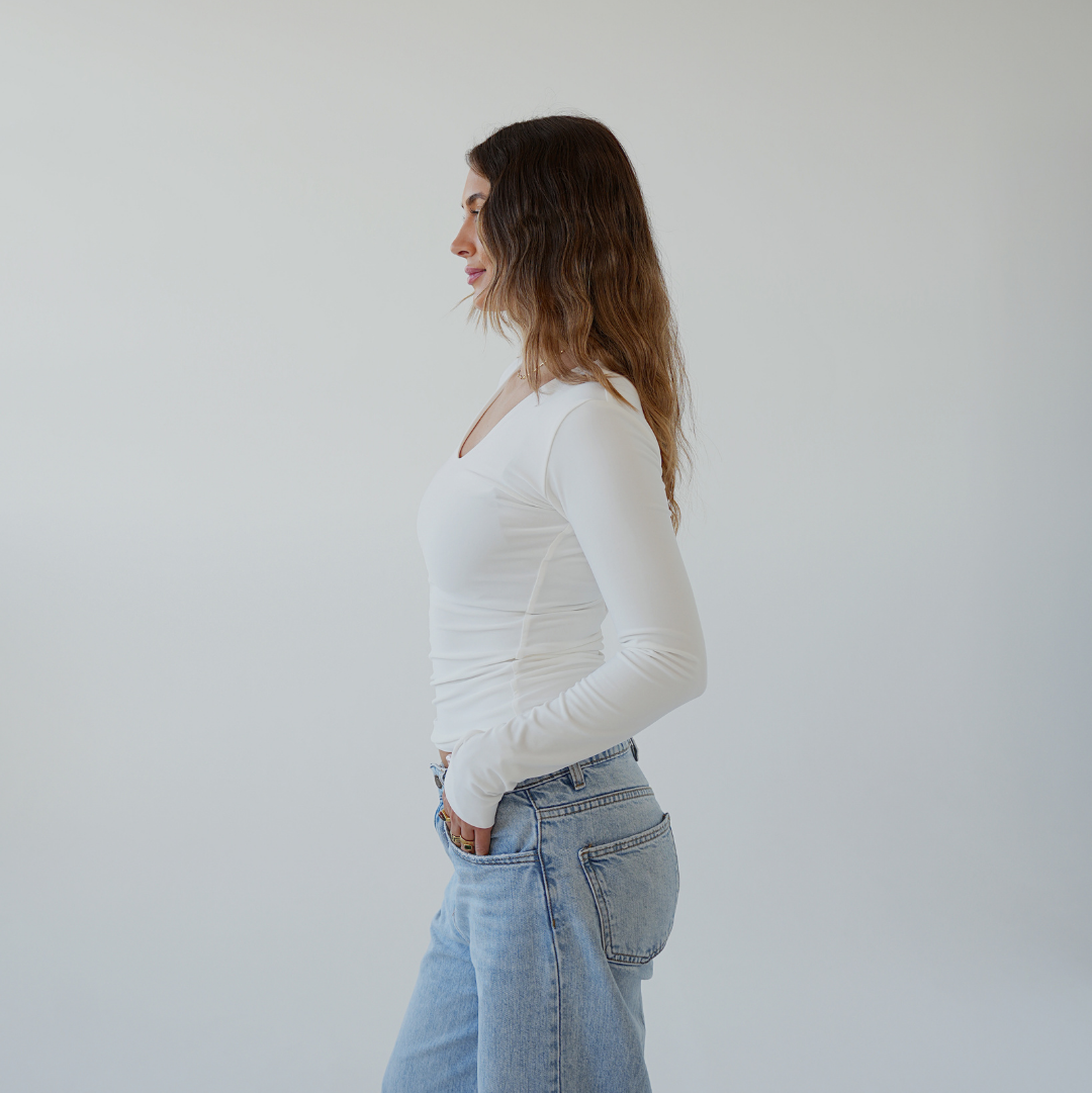 Cream Square Neck Long Sleeved Top