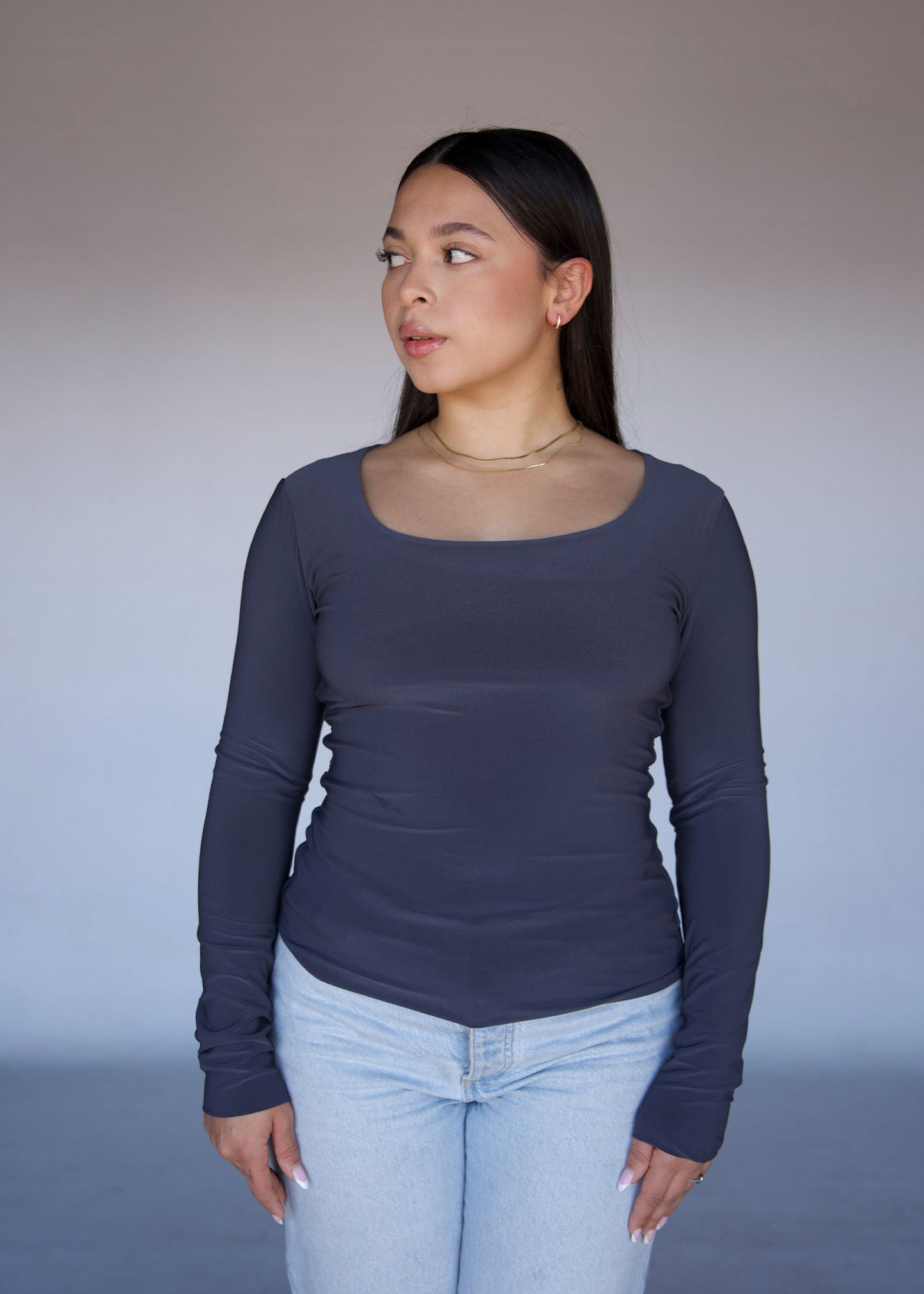 Grey Square Neck Long Sleeved Top