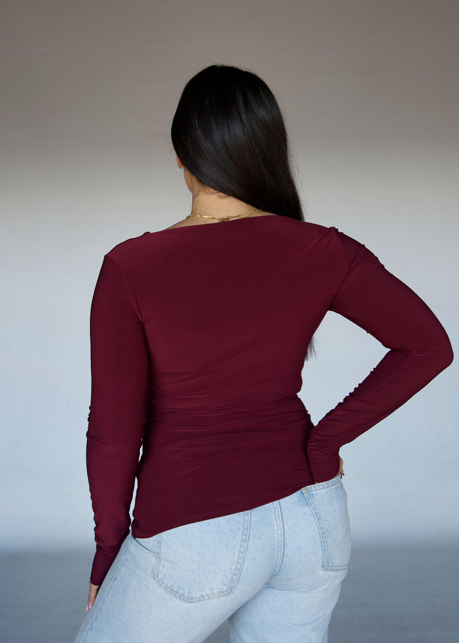 Maroon Square Neck Long Sleeved Top