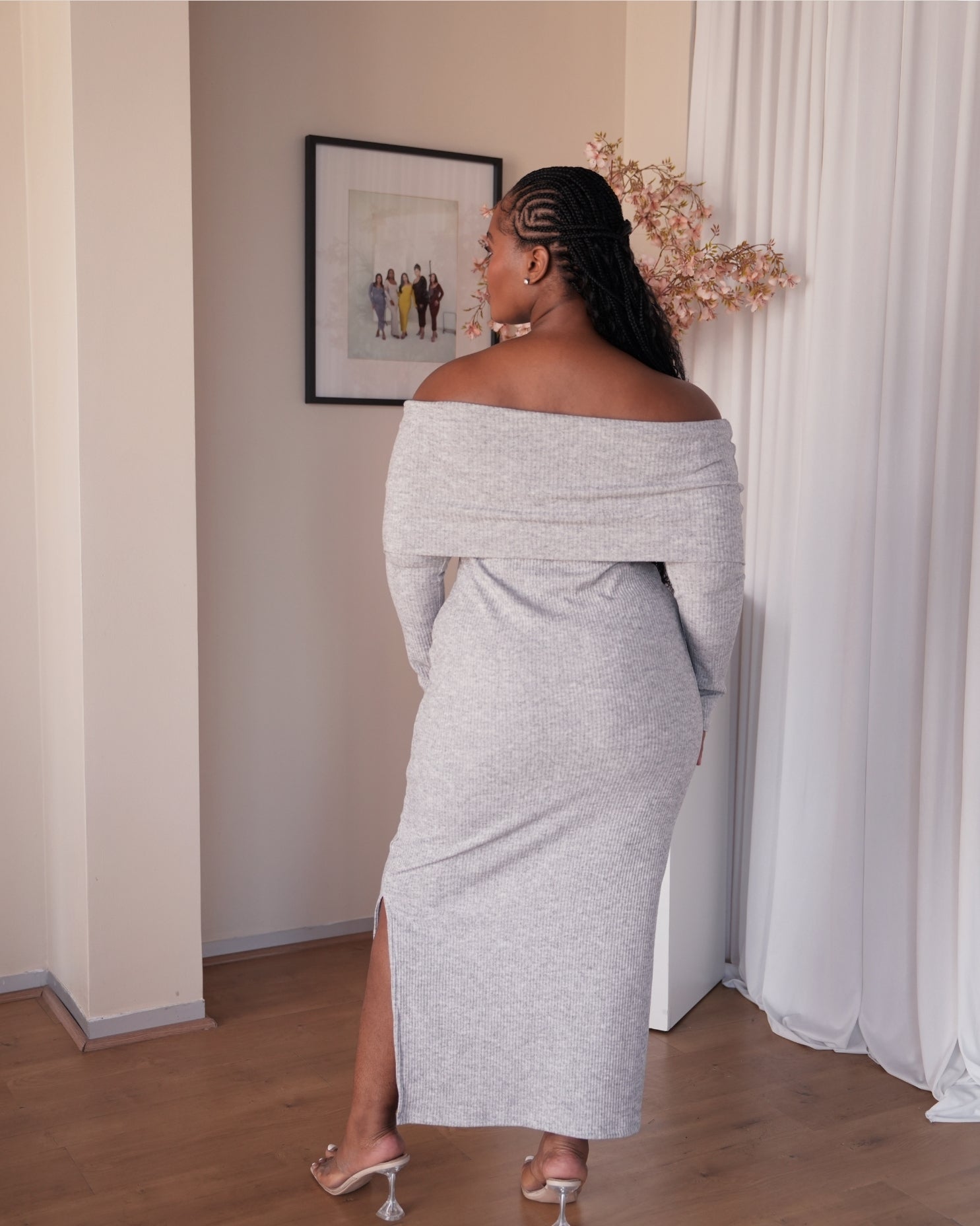Grey Knit Off-Shoulder Dress